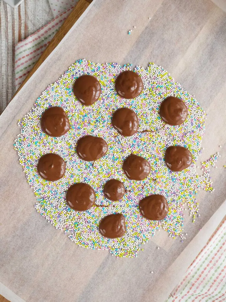 sprinkles on a surface with piped chocolate rounds on top