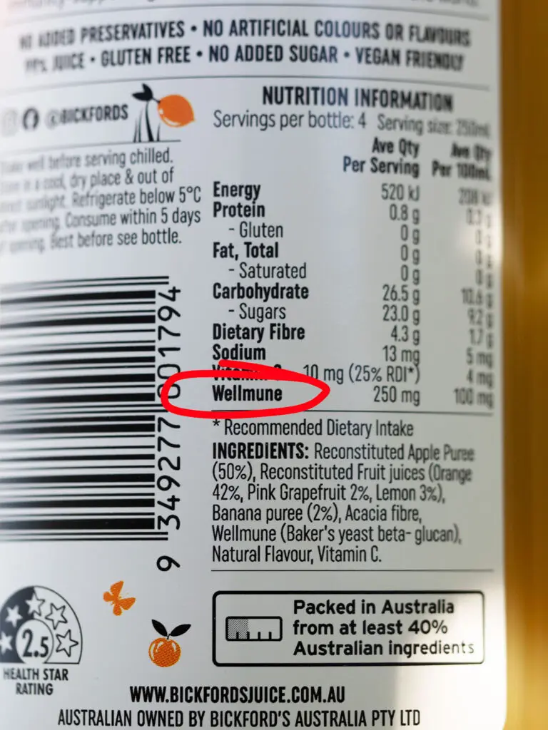 back label of Bickford's immunity juice showing nutritional information