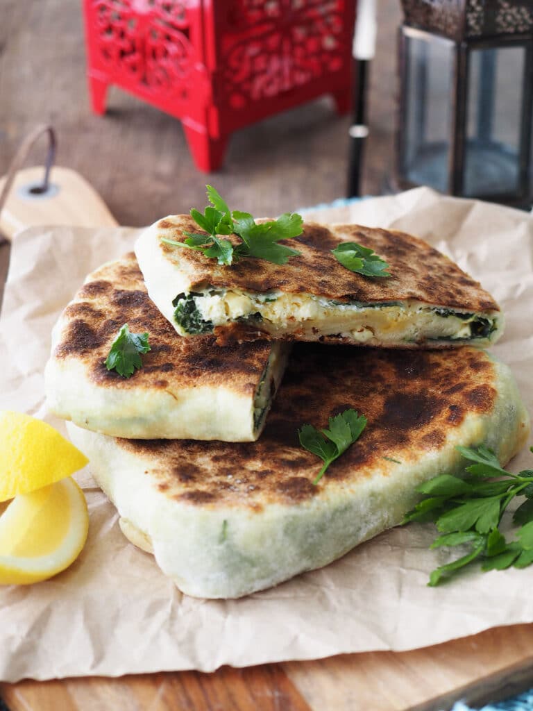 gozleme sliced in half showing the filling