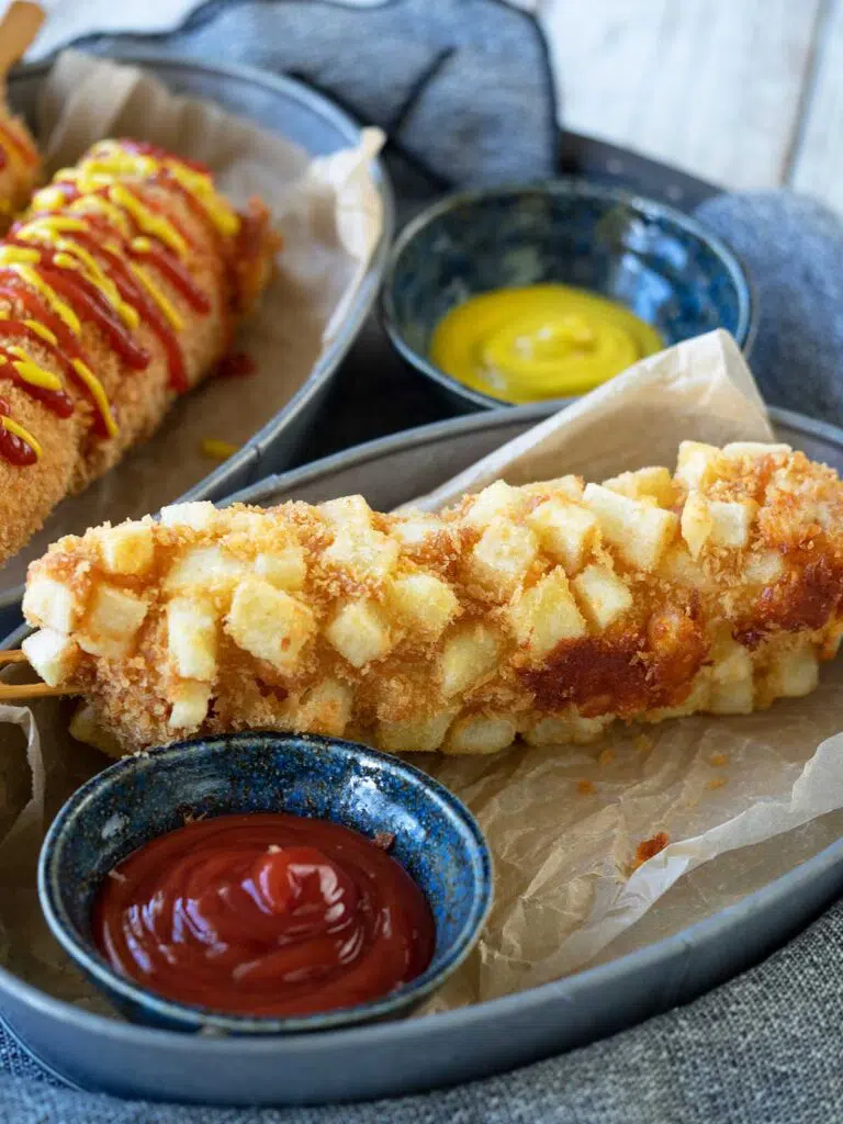 potato covered korean corn dog with a bowl of sauce