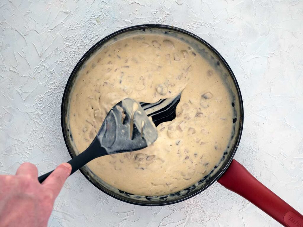 thickened mushroom sauce in a pan