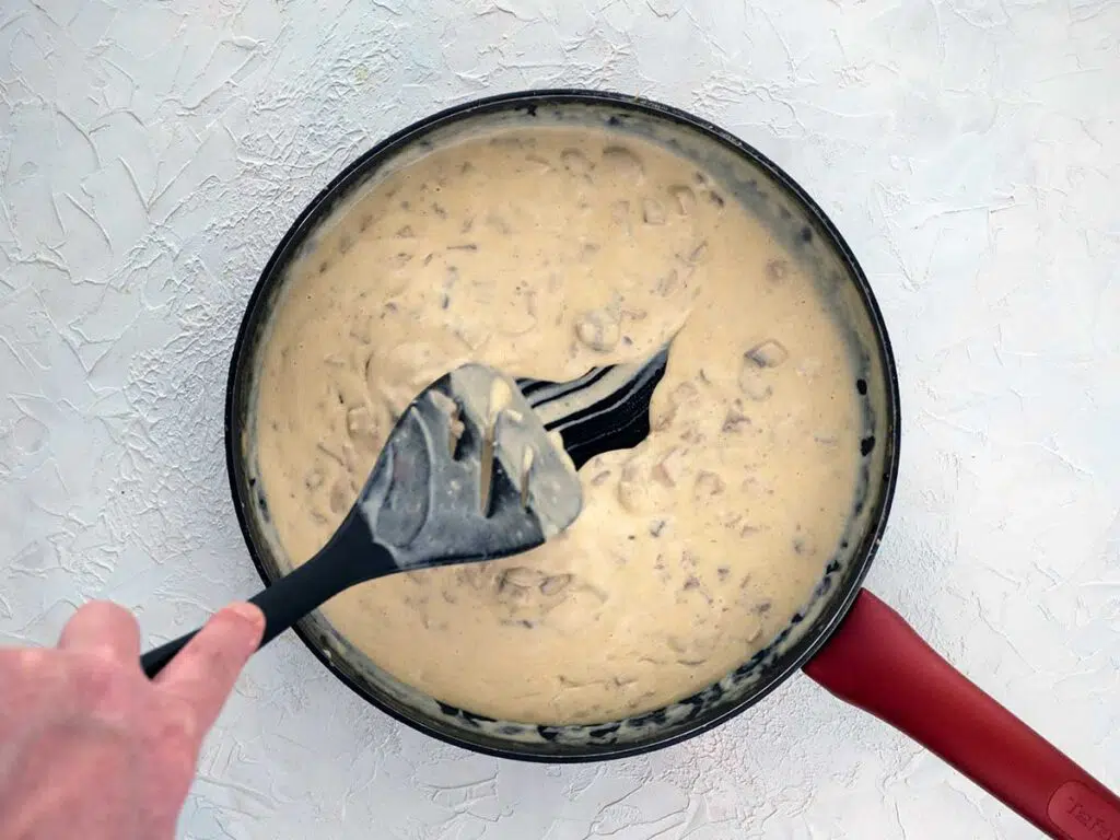thickened mushroom sauce in a pan
