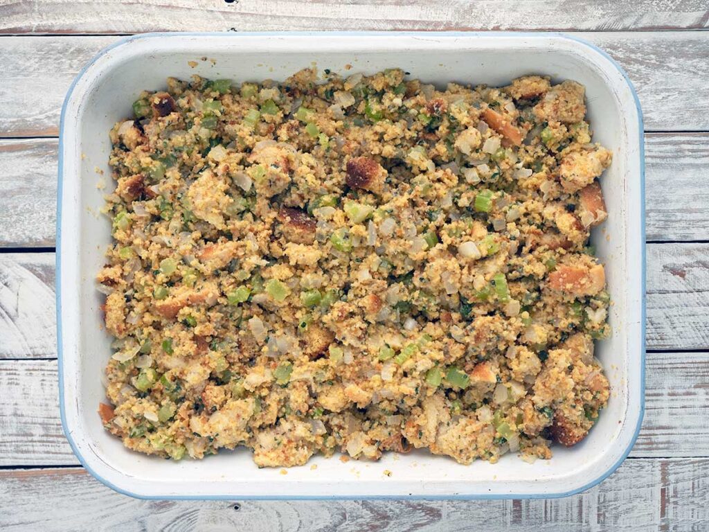 cornbread dressing ready to be baked in the oven