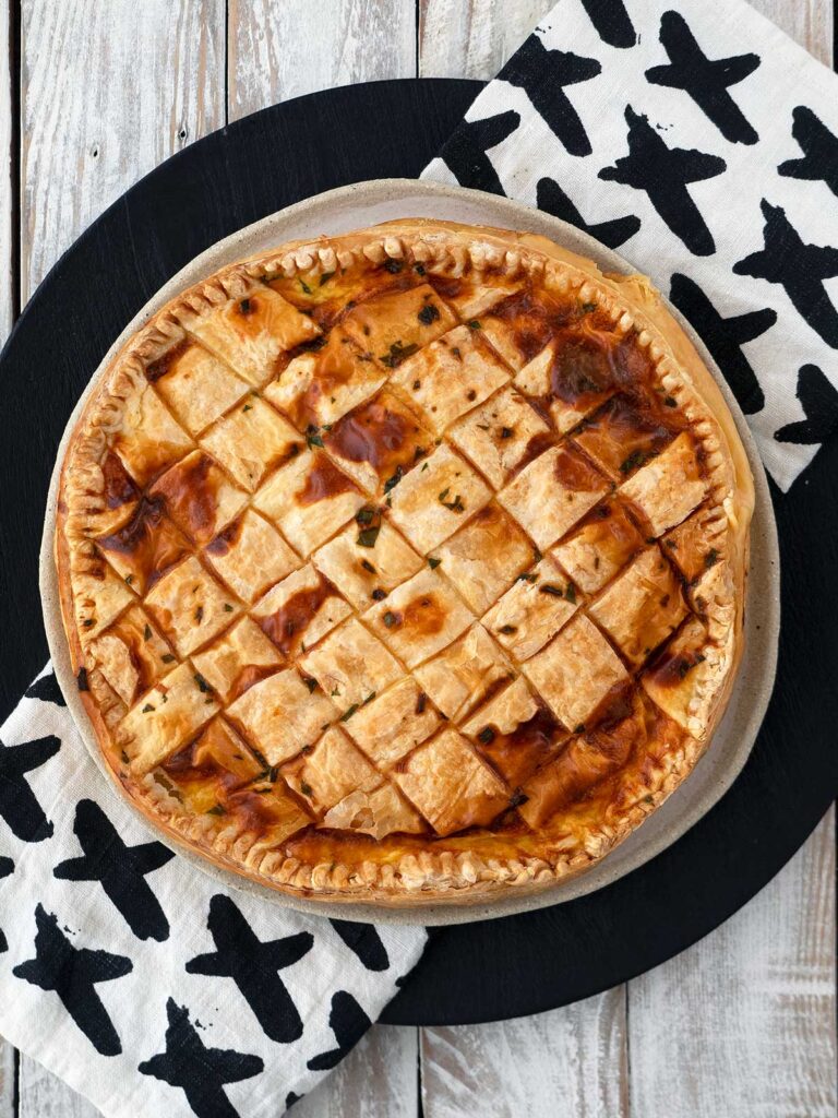 bacon and egg pie out of the oven