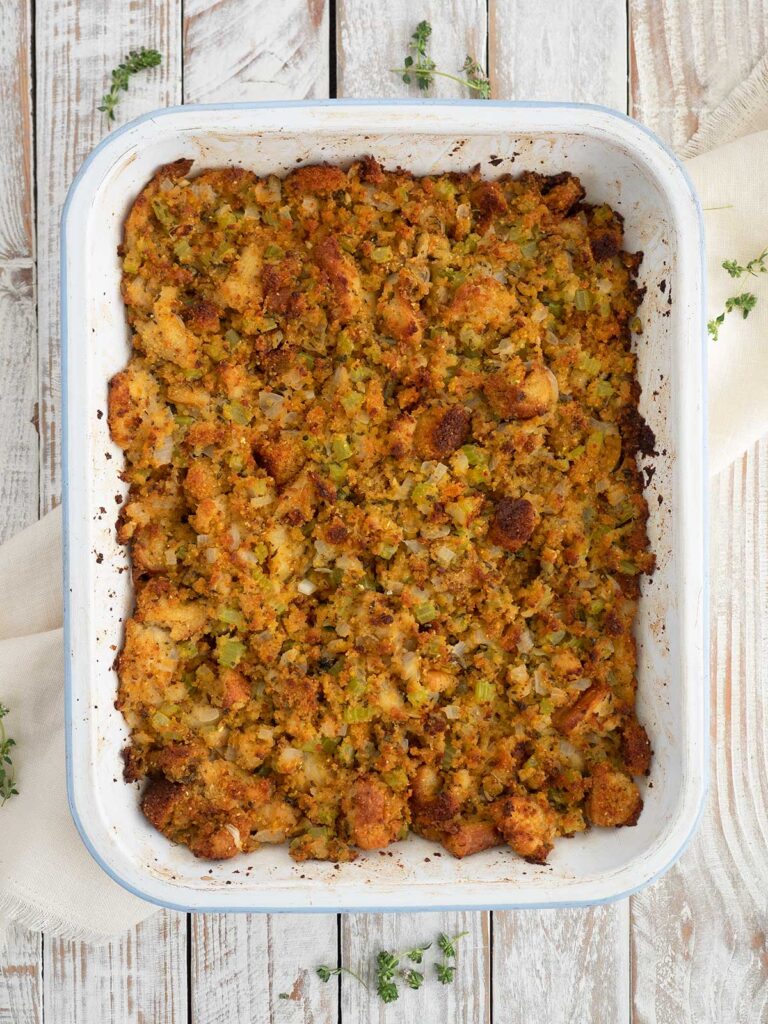 freshly oven baked cornbread dressing ready to serve