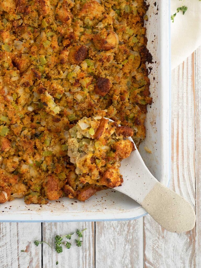 baked cornbread dressing ready to be served