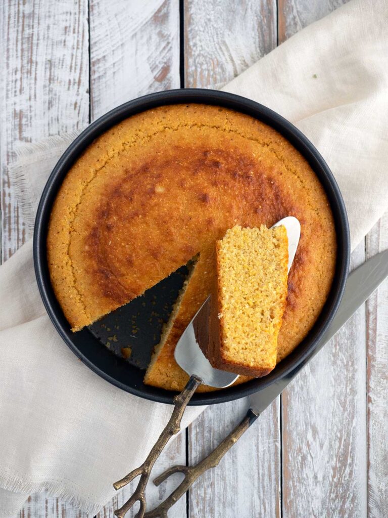 freshly baked cornbread in its tin