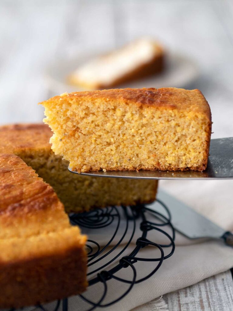 a slice of cornbread on a spatula