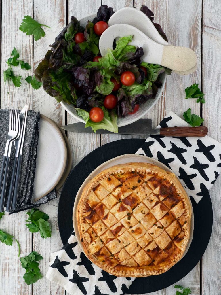 baked egg and bacon pie with salad