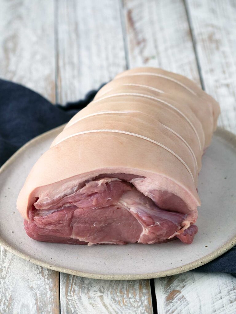 front view of raw rolled tied pork loin