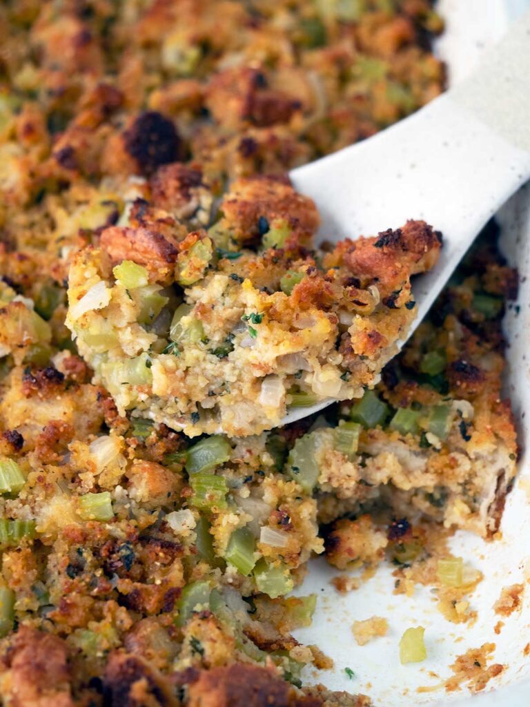 serving spoon with cornbread dressing
