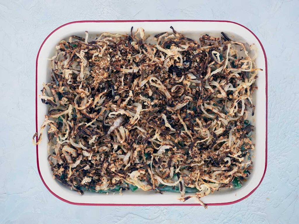 green bean casserole ready for the oven