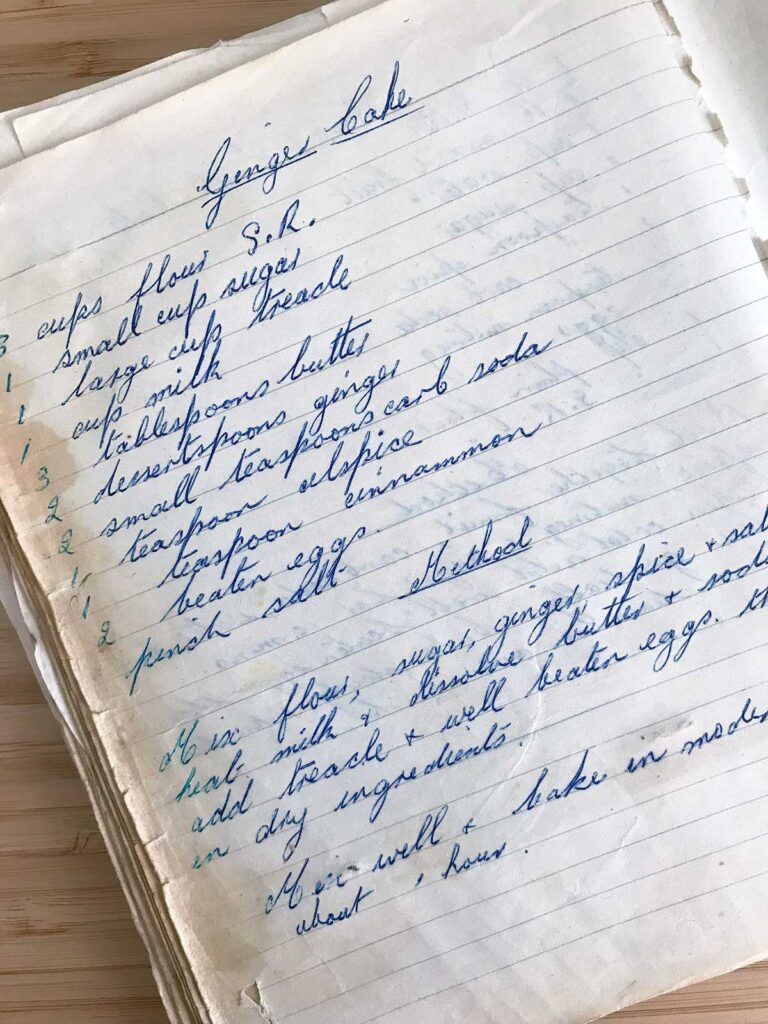 Aunty Tilly's hand written recipe for ginger cake