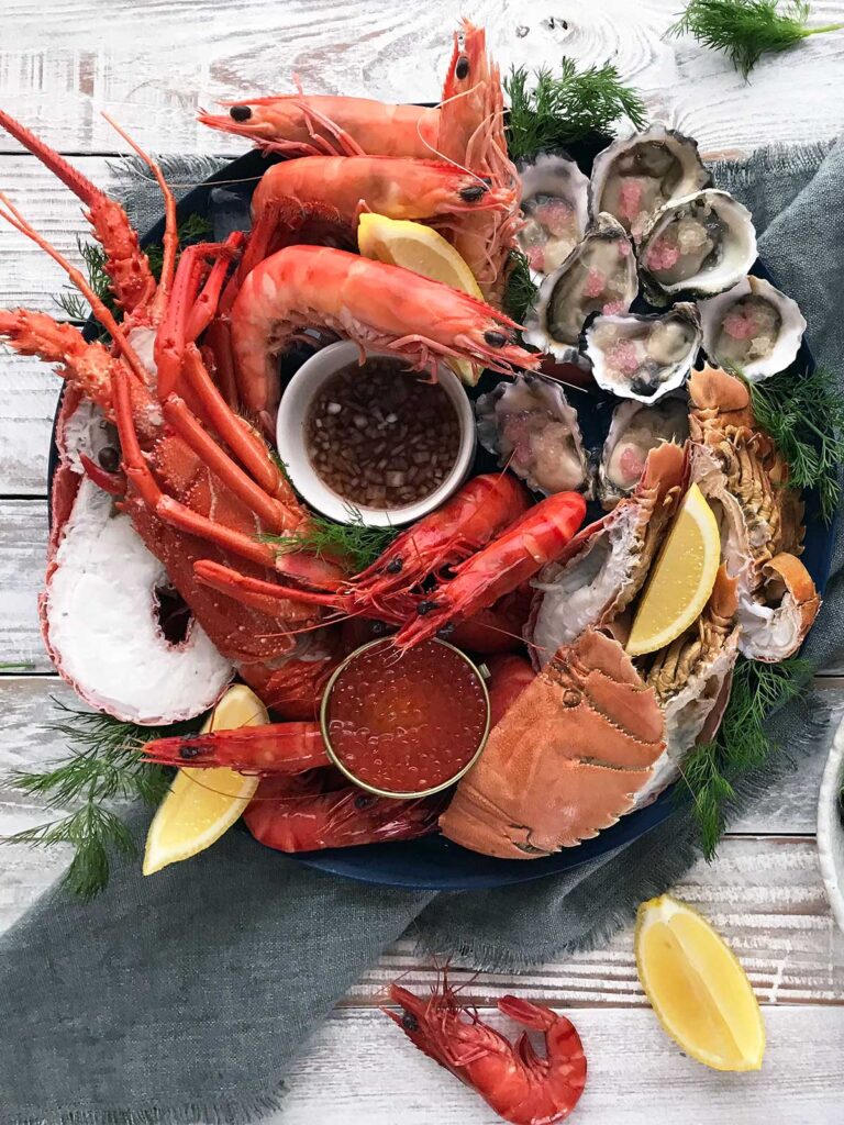 above view of a seafood platter