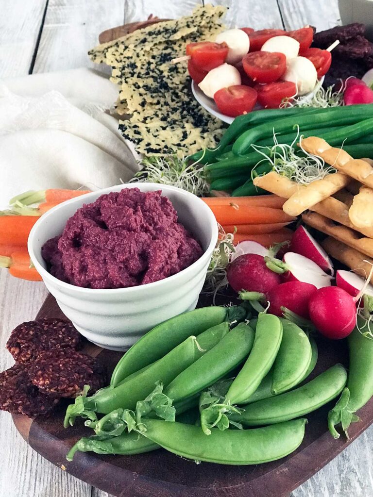 crudité platter with beetroot dip