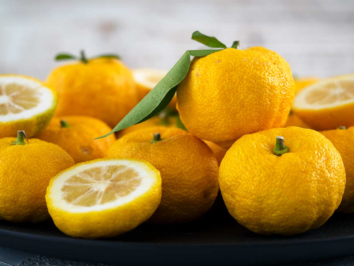 A selection of yuzu on a plate, some are whole, some are cut in half.