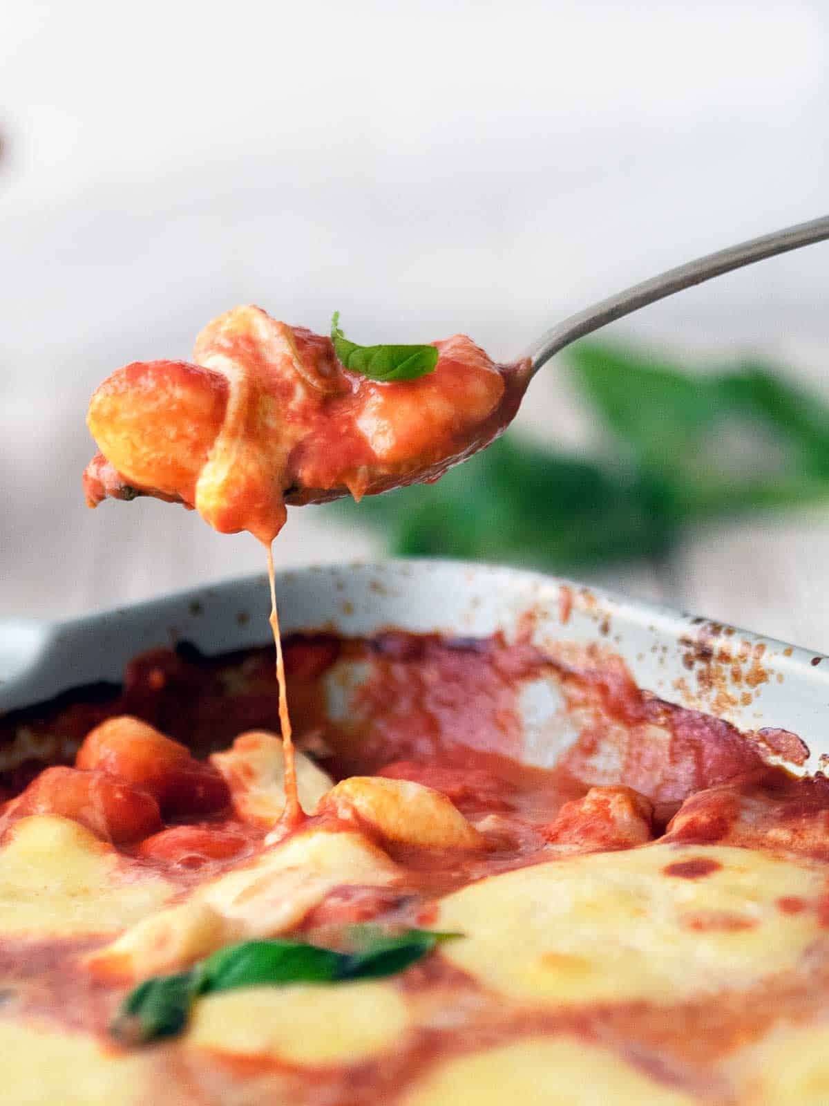 Spoon with gnocchi and sauce.