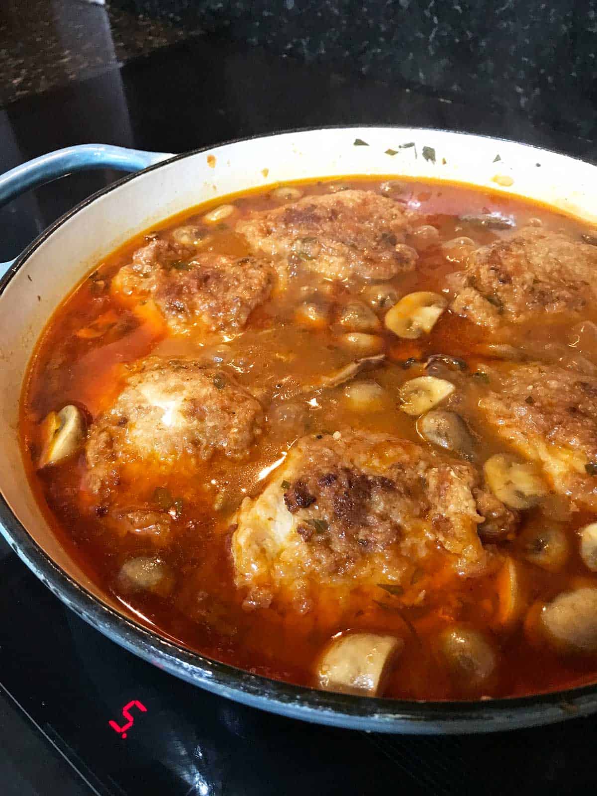 Chicken Chasseur in the pan after cooking for 45 minutes.