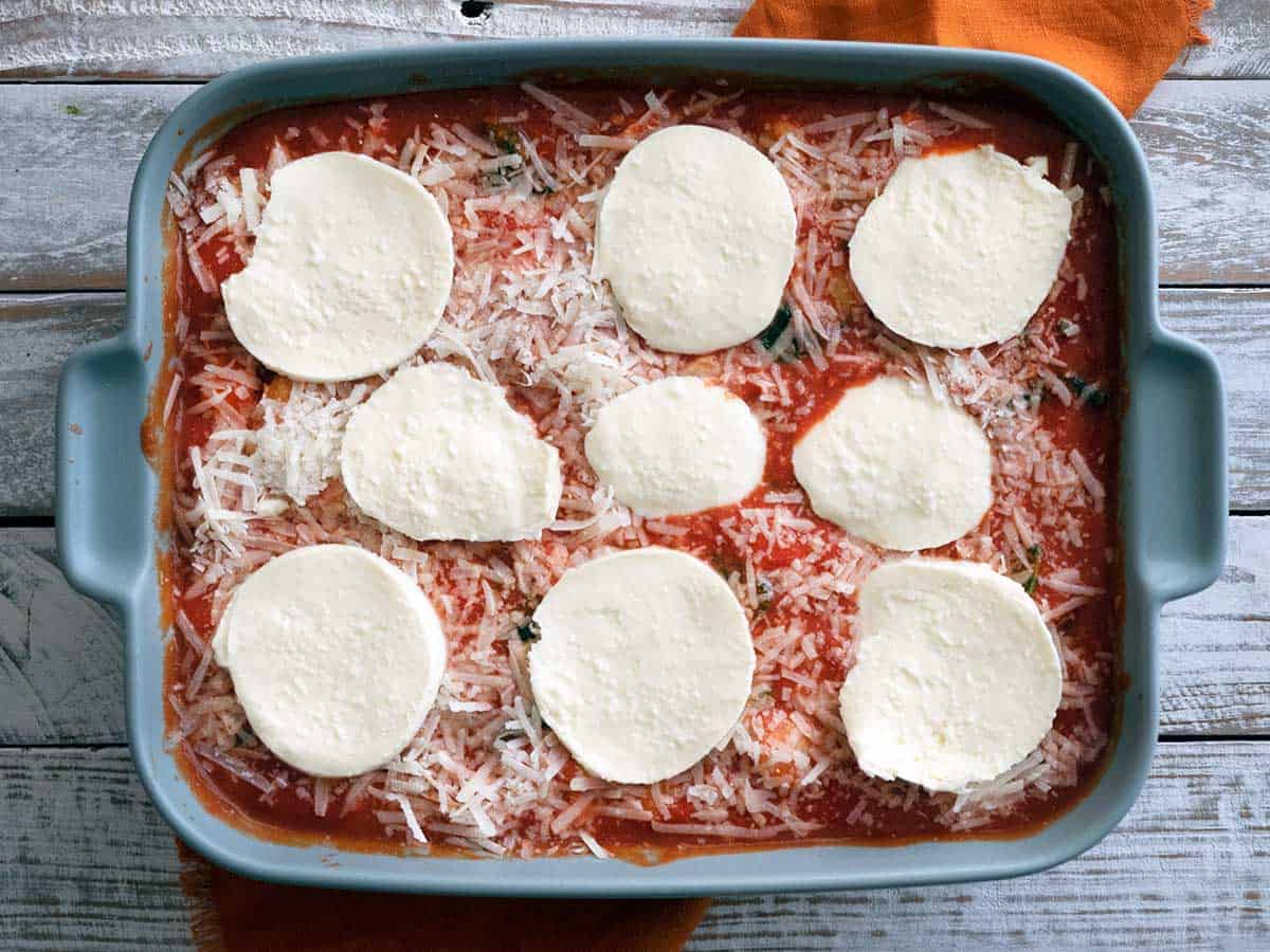 Gnocchi alla sorrentina ready to be placed in the oven for baking.