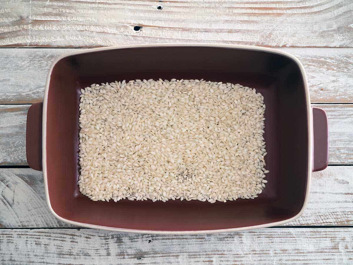 Rice in a baking dish.