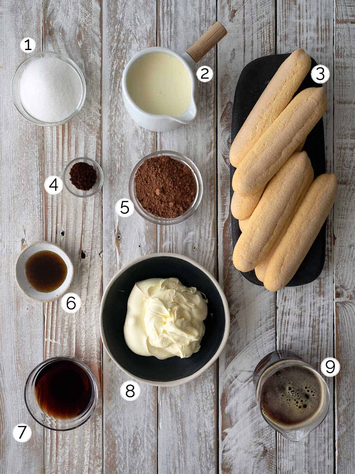 Ingredients for eggless tiramisu.
