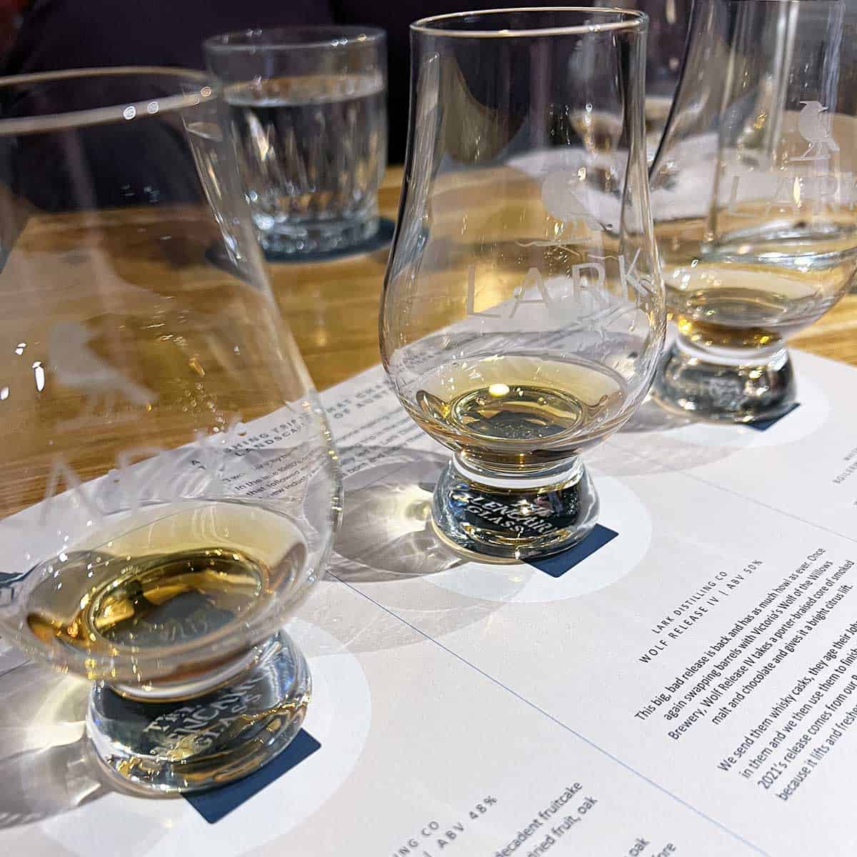 Whisky flight at Lark Distillery in Hobart
