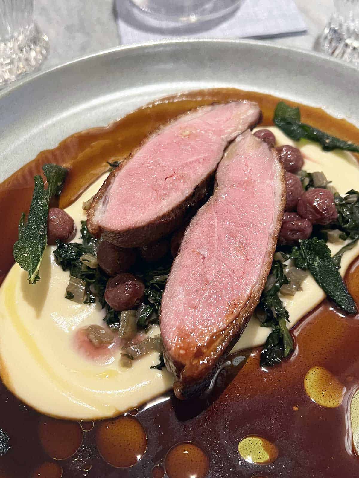 Pan fried duck breast with parsnip puree.