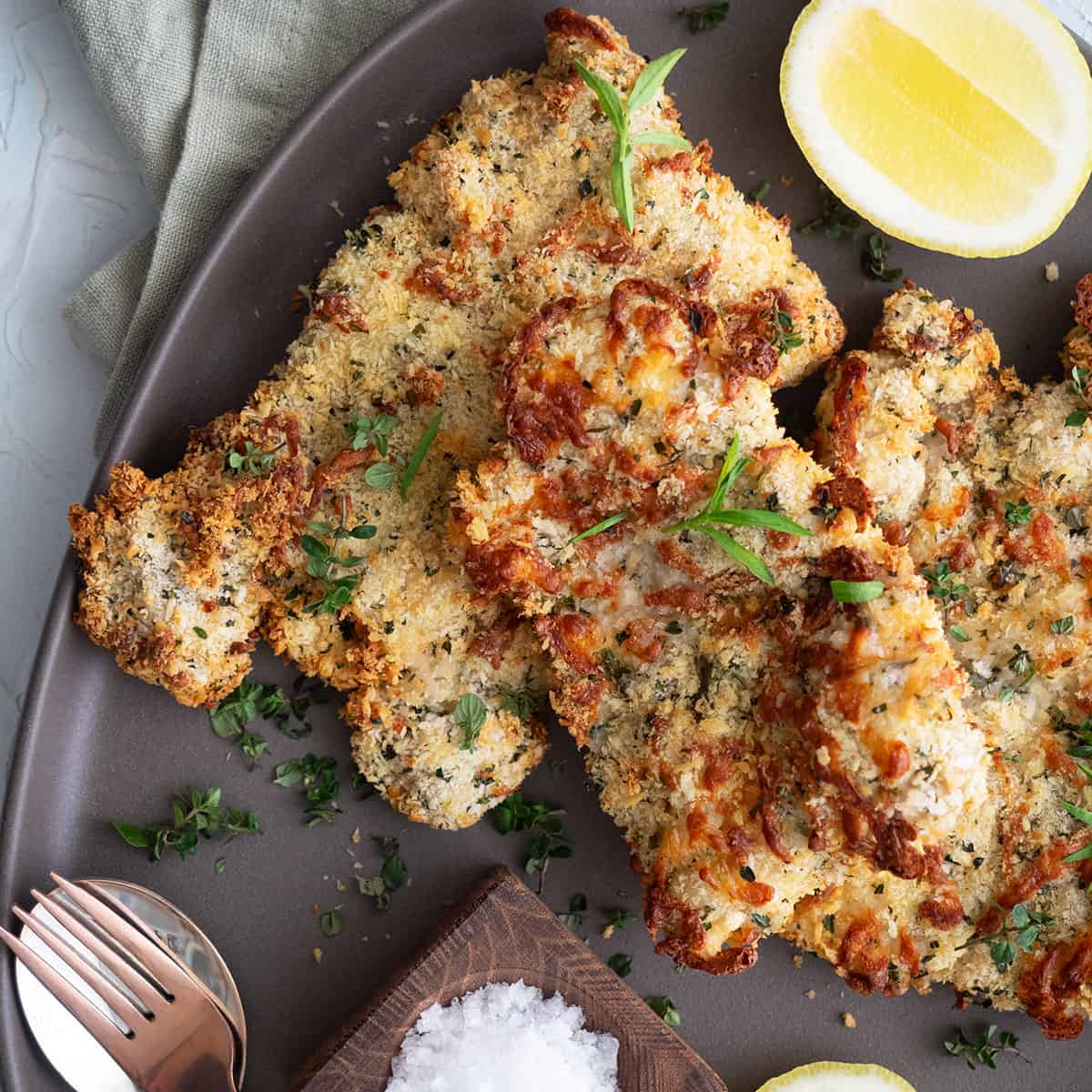 Air fryer cheese herb crusted chicken thigh schnitzel recipe,