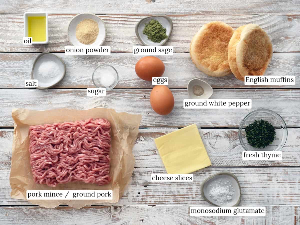 Ingredients for homemade sausage and egg McMuffins.