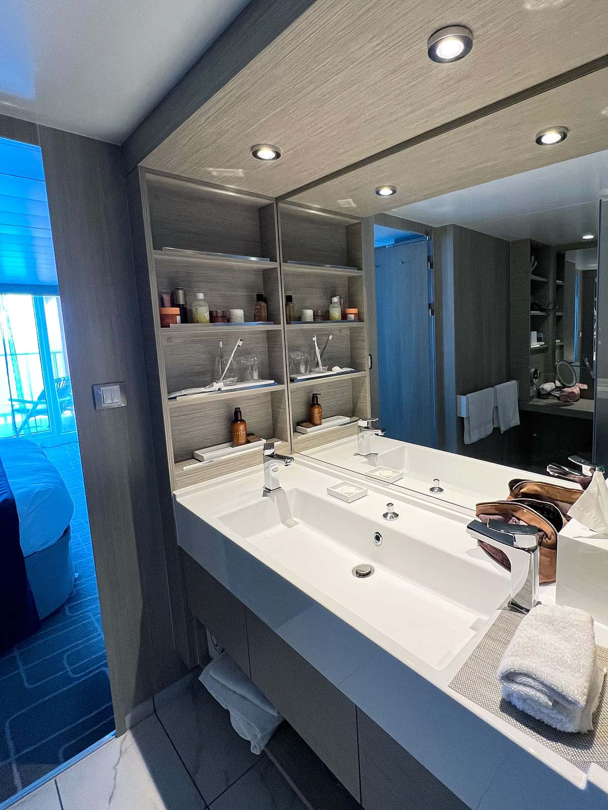 Bathroom vanity with large sink.