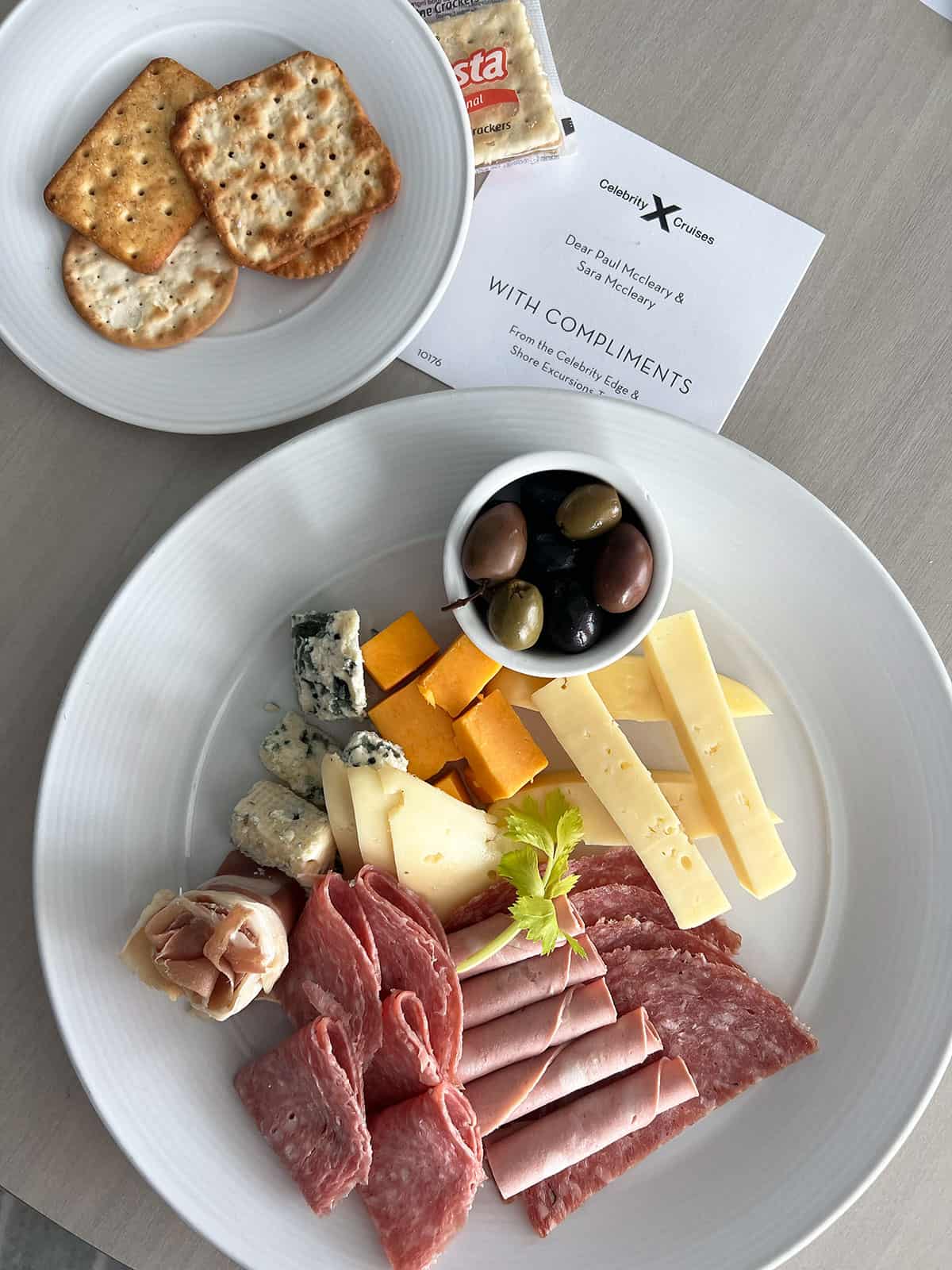 Complimentary cheese platter and crackers.