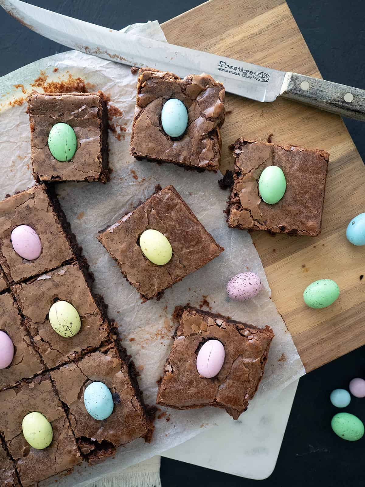 Chocolate brownies with mini easter eggs.