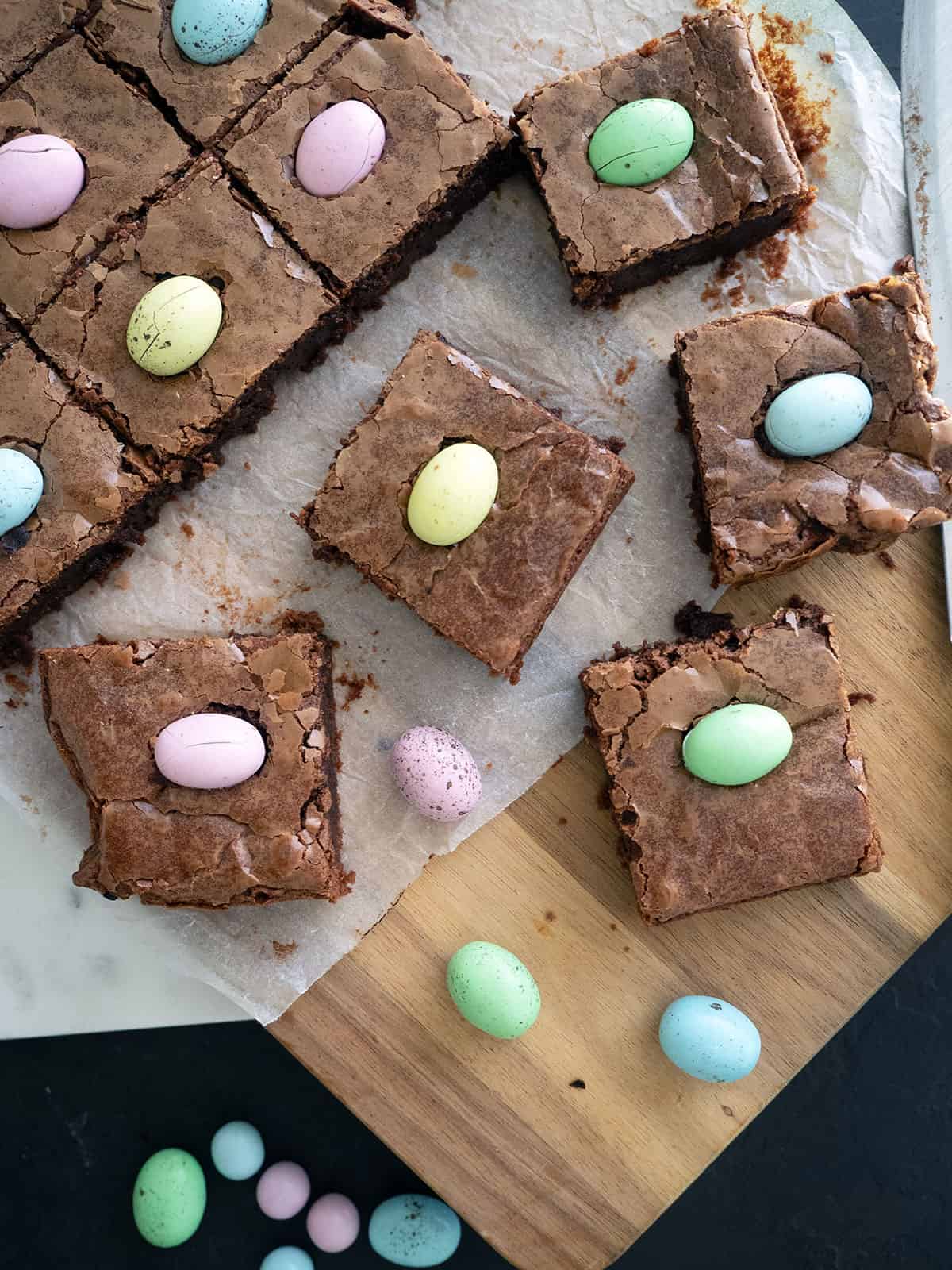 Mini Easter egg brownies cut into squares.