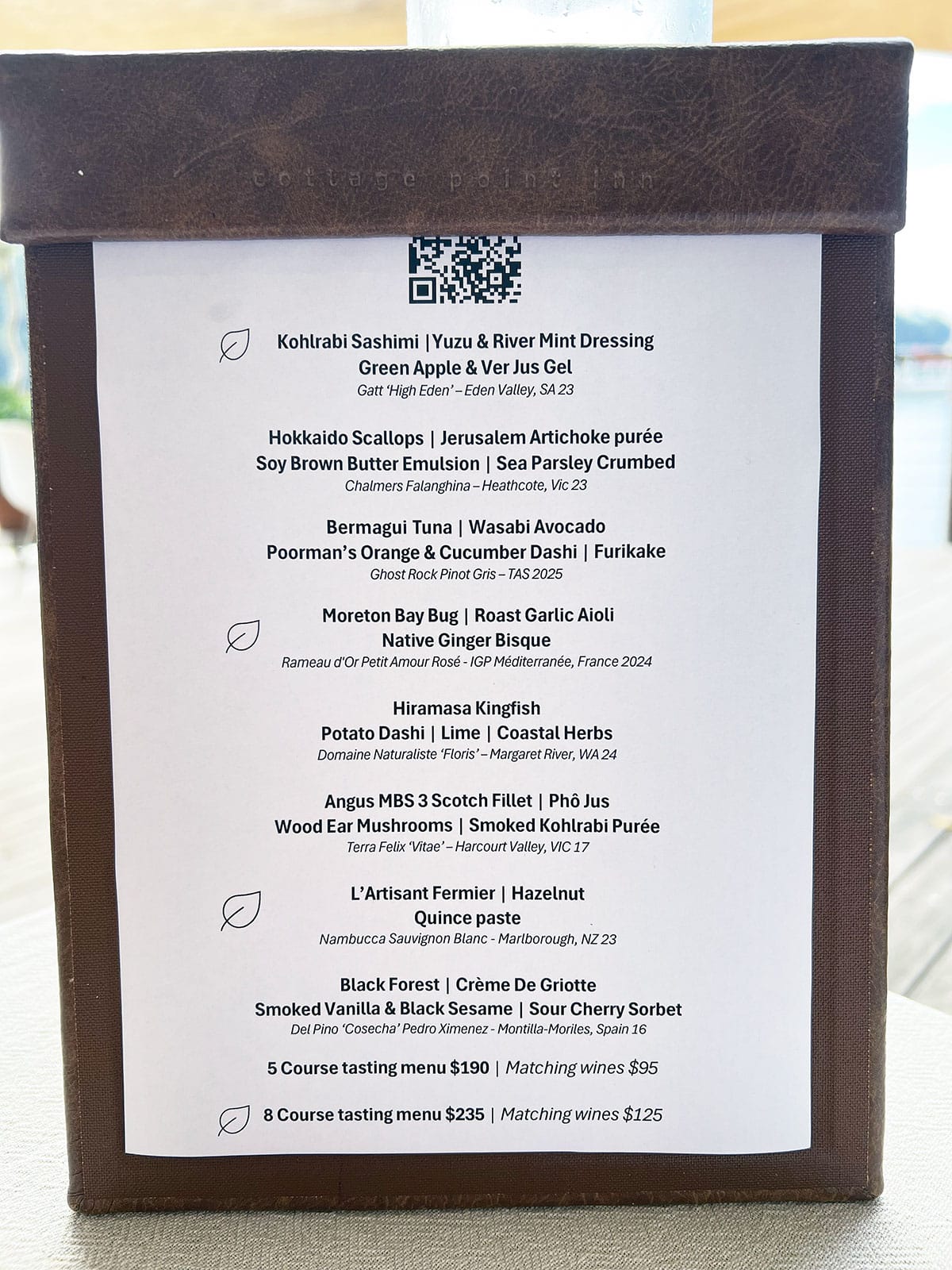 Cottage Point Inn degustation menu.