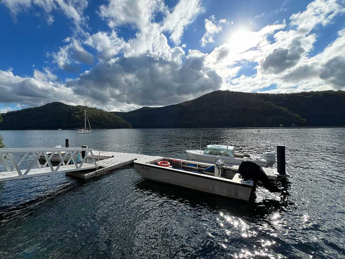 Boat docked on the restaurant pontoon.